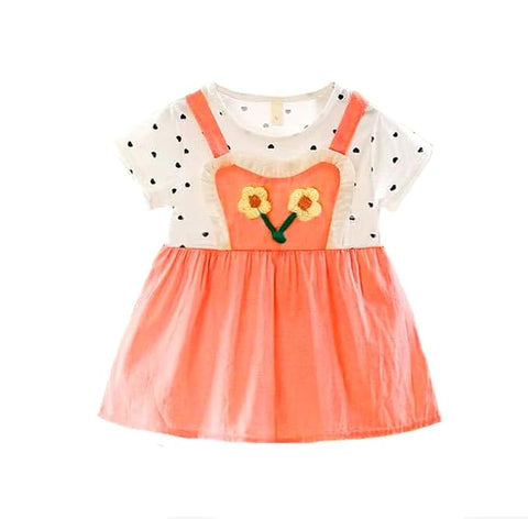 Girls Polka Dot Print 3D Floral Patch Attached Summer Frock Dress