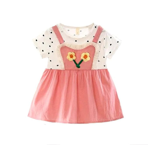 Girls Polka Dot Print 3D Floral Patch Attached Summer Frock Dress