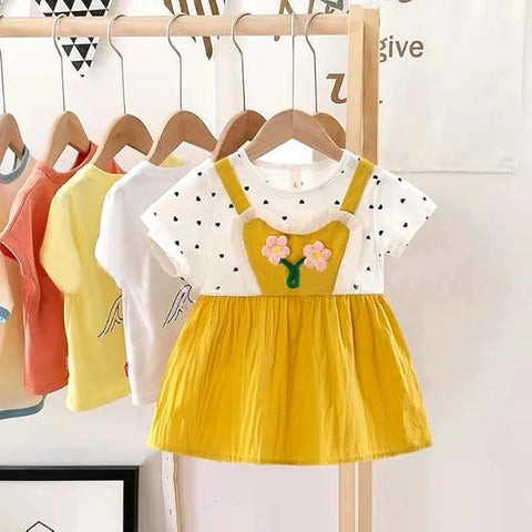 Girls Polka Dot Print 3D Floral Patch Attached Summer Frock Dress