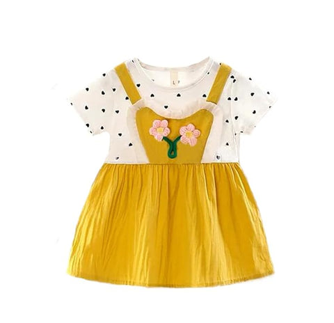 Girls Polka Dot Print 3D Floral Patch Attached Summer Frock Dress