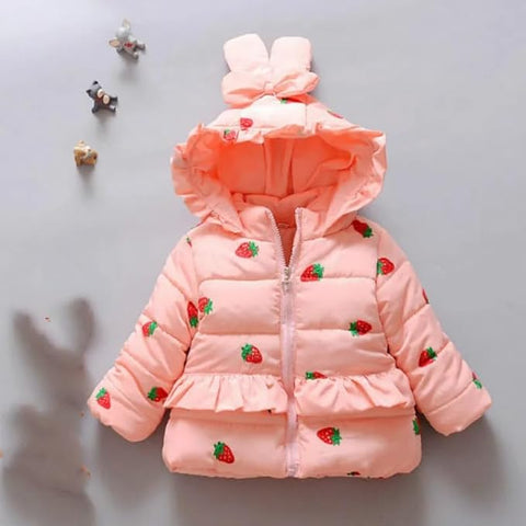 All-Over Strawberry Print Full Sleeve Winter Bomber Jacket Hoodie Coat for Girls