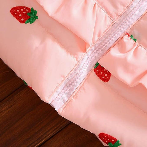 All-Over Strawberry Print Full Sleeve Winter Bomber Jacket Hoodie Coat for Girls