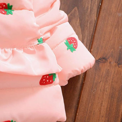 All-Over Strawberry Print Full Sleeve Winter Bomber Jacket Hoodie Coat for Girls