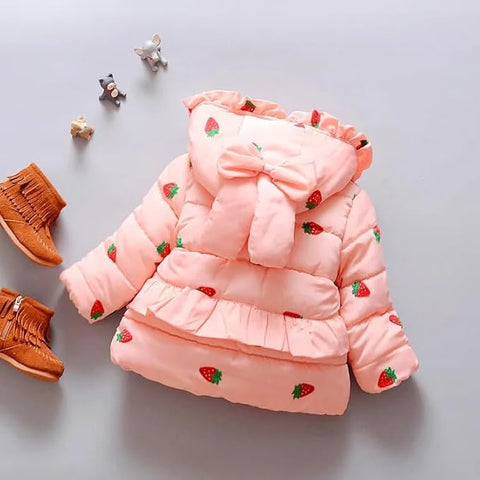 All-Over Strawberry Print Full Sleeve Winter Bomber Jacket Hoodie Coat for Girls