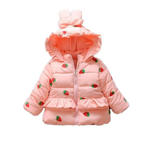 All-Over Strawberry Print Full Sleeve Winter Bomber Jacket Hoodie Coat for Girls