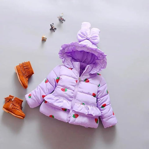All-Over Strawberry Print Full Sleeve Winter Bomber Jacket Hoodie Coat for Girls