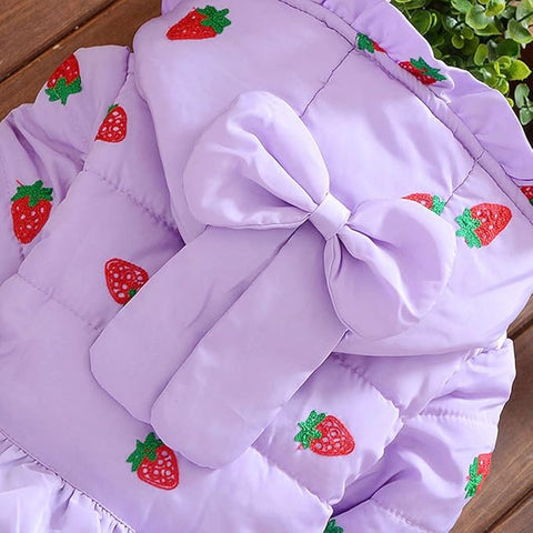 All-Over Strawberry Print Full Sleeve Winter Bomber Jacket Hoodie Coat for Girls