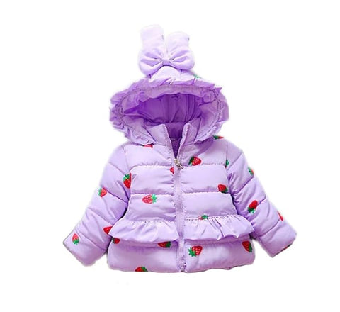 All-Over Strawberry Print Full Sleeve Winter Bomber Jacket Hoodie Coat for Girls