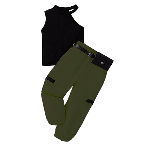 Girls 2-Piece Sleeveless Top with Cargo Jogger Pants & Belt Pouch Set