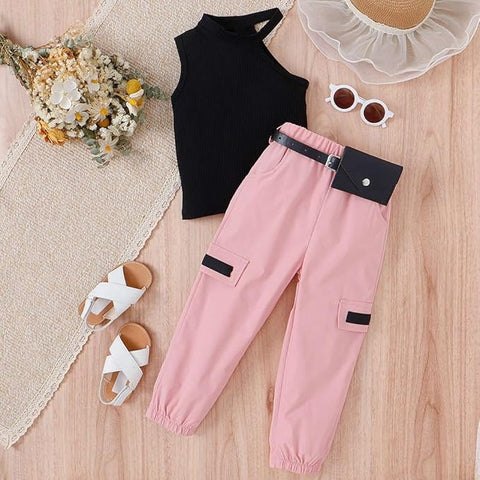 Girls 2-Piece Sleeveless Top with Cargo Jogger Pants & Belt Pouch Set