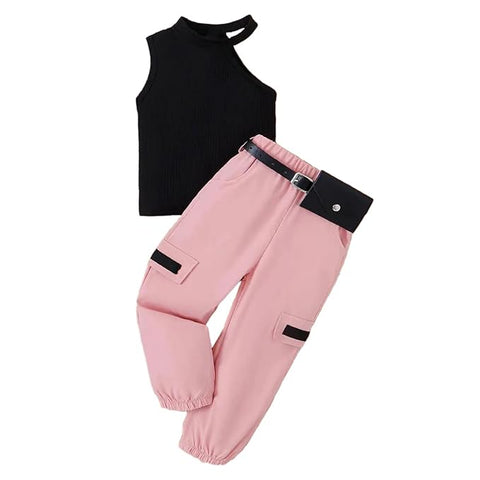 Girls 2-Piece Sleeveless Top with Cargo Jogger Pants & Belt Pouch Set