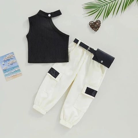 Girls 2-Piece Sleeveless Top with Cargo Jogger Pants & Belt Pouch Set