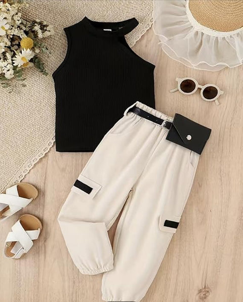 Girls 2-Piece Sleeveless Top with Cargo Jogger Pants & Belt Pouch Set