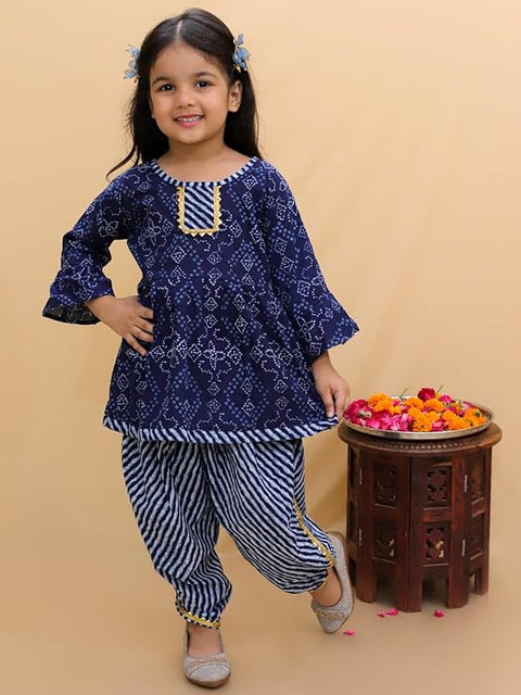 Leheriya Bandej Print Girl's Ethnic Kurta With Dhoti Pant Tradional Dresses