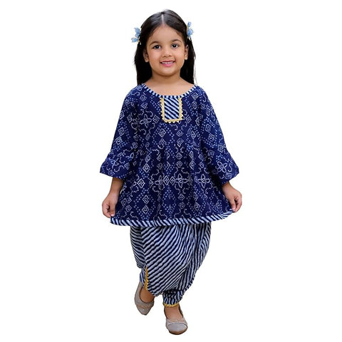 Leheriya Bandej Print Girl's Ethnic Kurta With Dhoti Pant Tradional Dresses