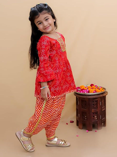 Leheriya Bandej Print Girl's Ethnic Kurta With Dhoti Pant Tradional Dresses