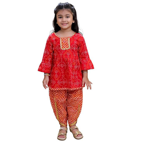 Leheriya Bandej Print Girl's Ethnic Kurta With Dhoti Pant Tradional Dresses