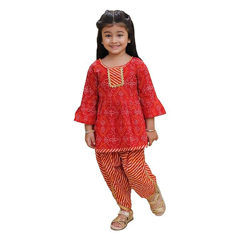 Leheriya Bandej Print Girl's Ethnic Kurta With Dhoti Pant Tradional Dresses