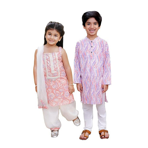 Peach Cotton Ethnic Kurta & Pyjama / Salwar Suit Traditional Dress for Boys & Girls