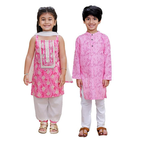 Pink Cotton Ethnic Kurta & Pyjama / Salwar Suit Traditional Dress for Boys & Girls