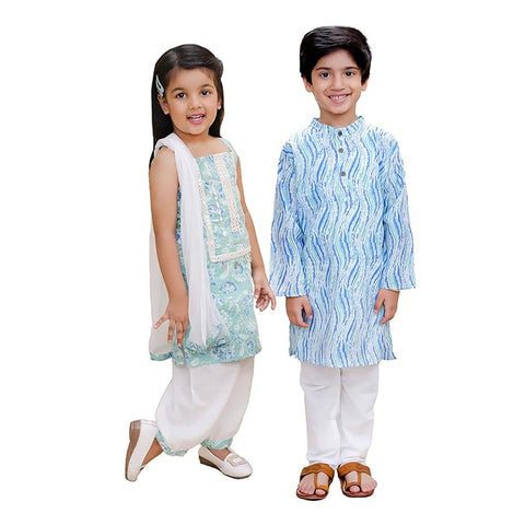 Sea-Green Cotton Ethnic Kurta & Pyjama / Salwar Suit Traditional Dress for Boys & Girls