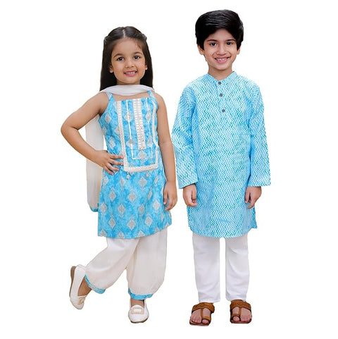 Blue Cotton Ethnic Kurta & Pyjama / Salwar Suit Traditional Dress for Boys & Girls