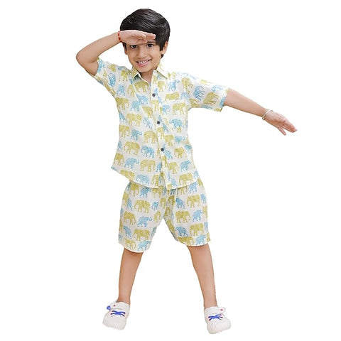 Elephant Print Cotton Half Sleeve Shirt and Shorts Co-ord Set for Lil Boys