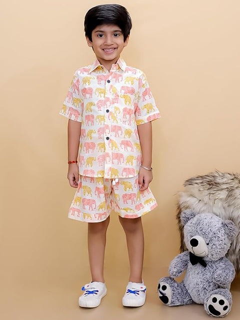 Elephant Print Cotton Half Sleeve Shirt and Shorts Co-ord Set for Lil Boys