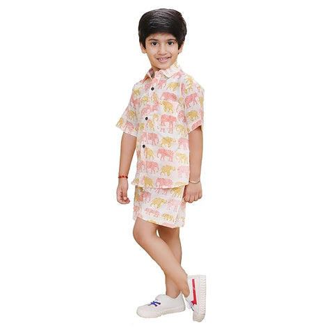 Elephant Print Cotton Half Sleeve Shirt and Shorts Co-ord Set for Lil Boys