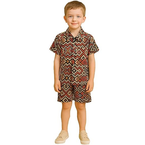 Boys Geometric Print Two-Piece Shirt and Shorts Set