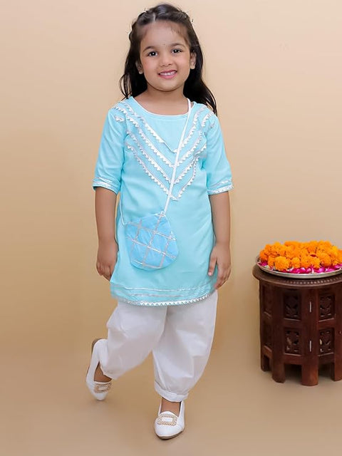 Girl's Ethnic Cotton Kurta Top with Salwar and Matching Sling Bag