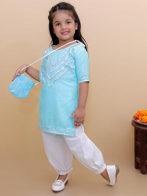 Girl's Ethnic Cotton Kurta Top with Salwar and Matching Sling Bag