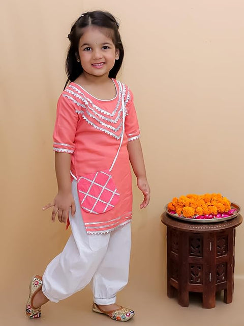 Girl's Ethnic Cotton Kurta Top with Salwar and Matching Sling Bag