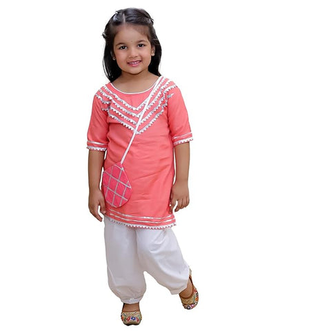 Girl's Ethnic Cotton Kurta Top with Salwar and Matching Sling Bag