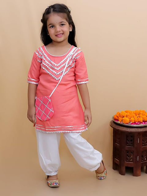 Girl's Ethnic Cotton Kurta Top with Salwar and Matching Sling Bag