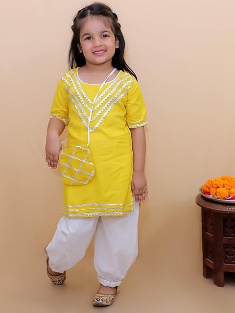 Girl's Ethnic Cotton Kurta Top with Salwar and Matching Sling Bag