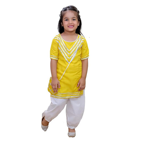 Girl's Ethnic Cotton Kurta Top with Salwar and Matching Sling Bag