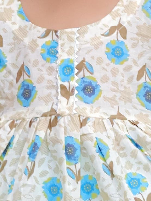 Floral Print Girl's Ethnic Flared Beige Kurta Top with Straight Pants Sets