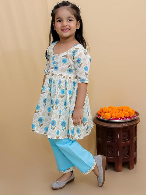 Floral Print Girl's Ethnic Flared Beige Kurta Top with Straight Pants Sets