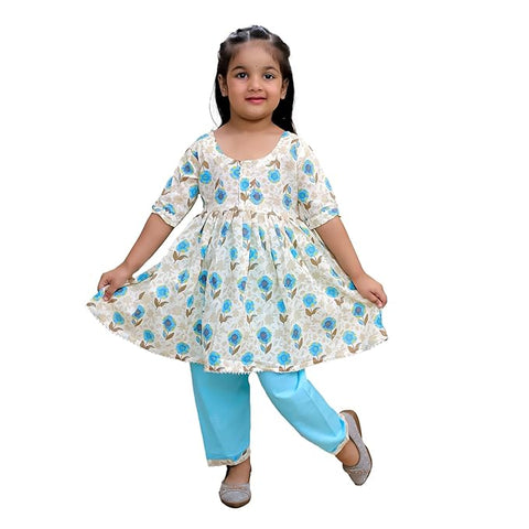 Floral Print Girl's Ethnic Flared Beige Kurta Top with Straight Pants Sets
