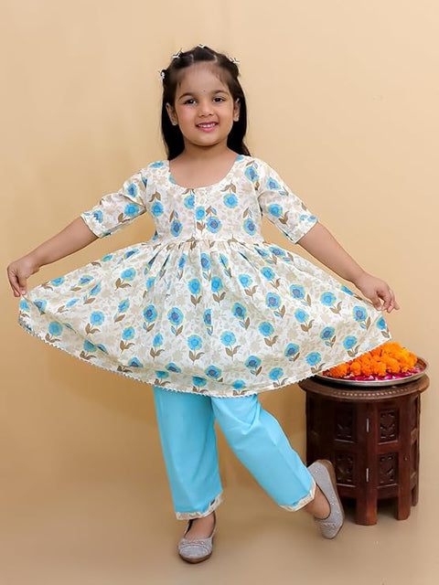 Floral Print Girl's Ethnic Flared Beige Kurta Top with Straight Pants Sets