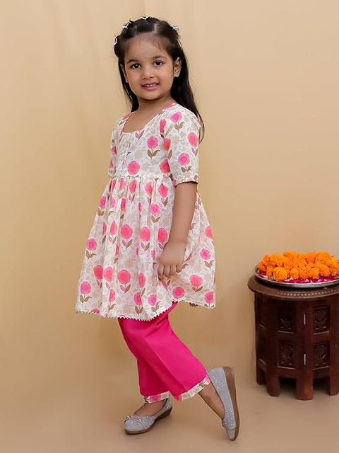 Floral Print Girl's Ethnic Flared Beige Kurta Top with Straight Pants Sets