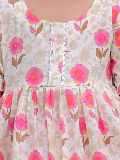 Floral Print Girl's Ethnic Flared Beige Kurta Top with Straight Pants Sets