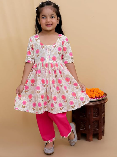 Floral Print Girl's Ethnic Flared Beige Kurta Top with Straight Pants Sets