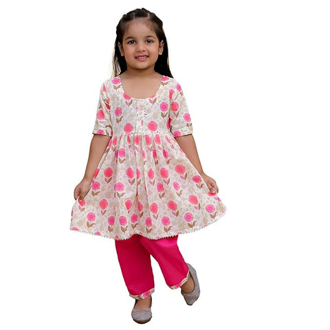 Floral Print Girl's Ethnic Flared Beige Kurta Top with Straight Pants Sets