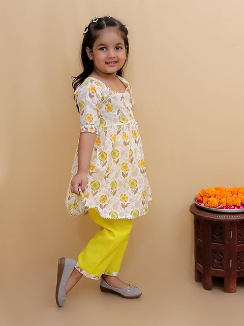 Floral Print Girl's Ethnic Flared Beige Kurta Top with Straight Pants Sets
