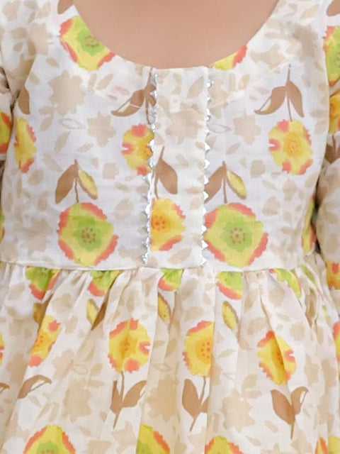 Floral Print Girl's Ethnic Flared Beige Kurta Top with Straight Pants Sets