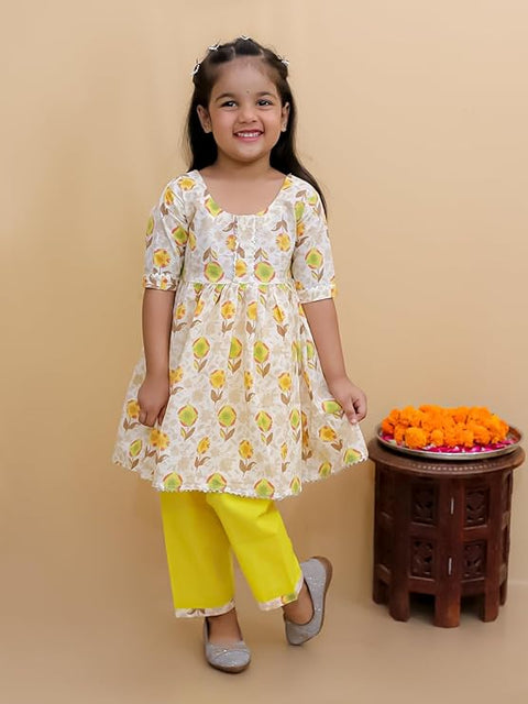 Floral Print Girl's Ethnic Flared Beige Kurta Top with Straight Pants Sets