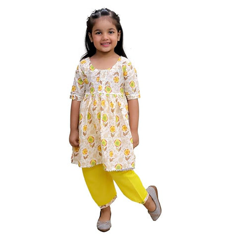 Floral Print Girl's Ethnic Flared Beige Kurta Top with Straight Pants Sets