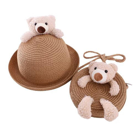 Cute Plush Bear Kids Straw Sun Hat N Sling Bag Combo for Girls 3-8 Years